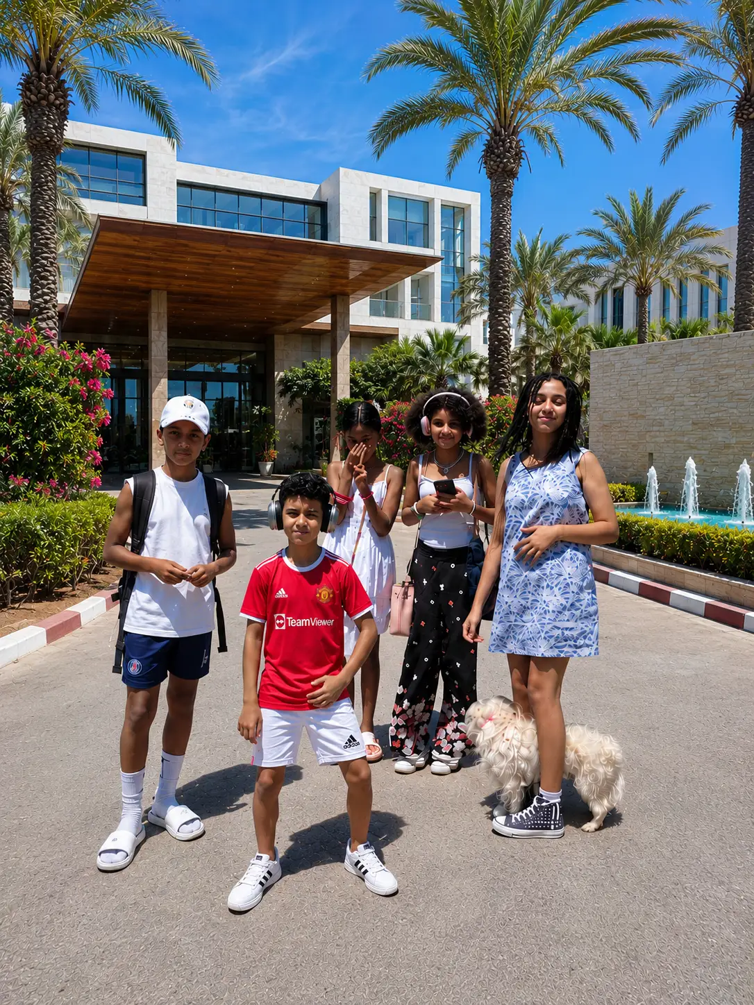 Famille marocaine en vacances devant un hôtel bordé de palmiers